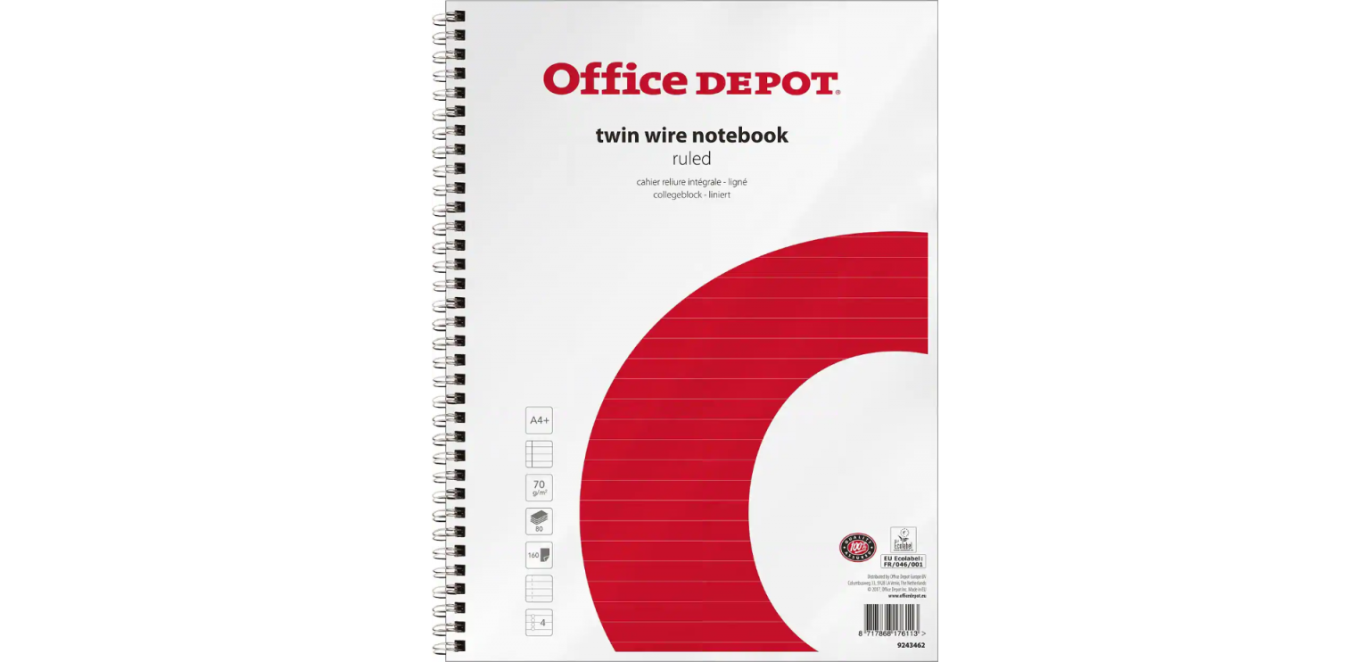 Office Depot Notebook White, Red A4+ Ruled Perforated 4 Holes 80 Sheets
